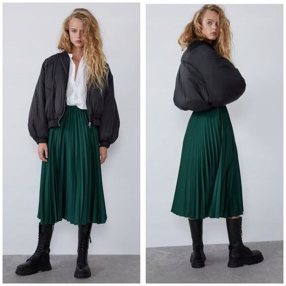Zara Dresses & Skirts - Zara Emerald Green Pleated Midi Skirt Size XS High Rise Chic Preppy Minimalist